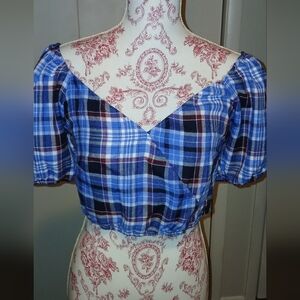 Blue Plaid Puff Sleeve Top